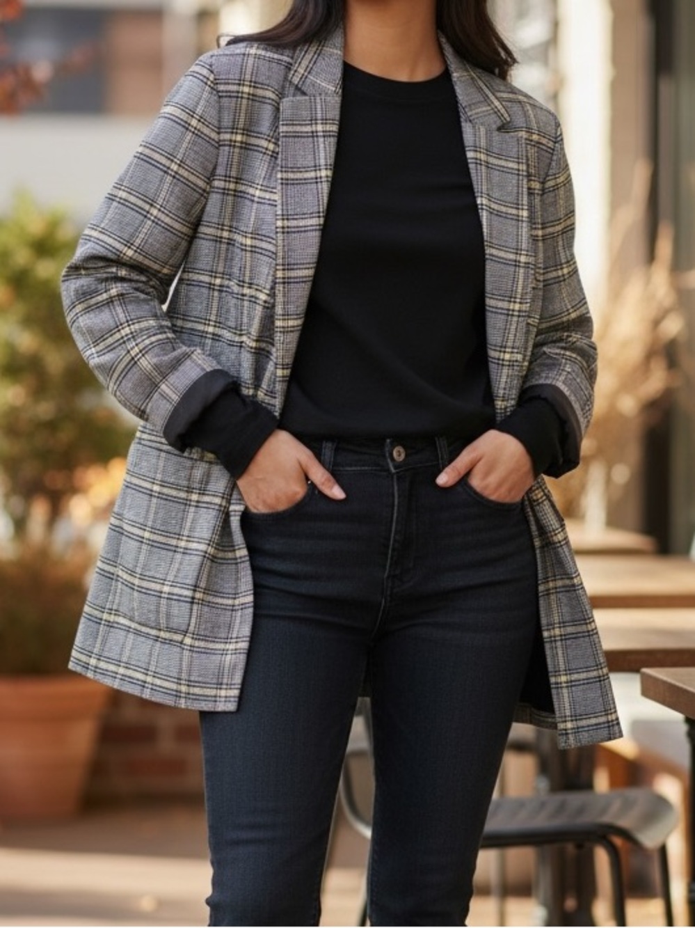 H&M Plaid Single-Button Oversized Blazer